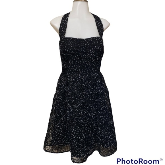 Adrianna Papell Black/White Polka Dot Dress with 3D Rose Chiffon Size: 14 Formal - Picture 2 of 10